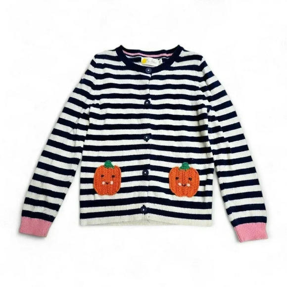 Mini Boden HTF Navy & Ivory Striped Cardigan With Pumpkin Embroidery - 6/7 Girls - Picture 1 of 5